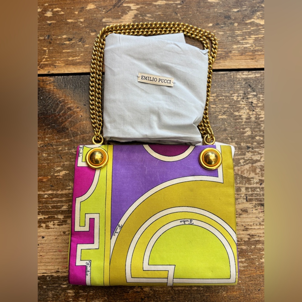 Vintage 70s Emilio Pucci Silk Gold Chain Handbag - Picture 2 of 12